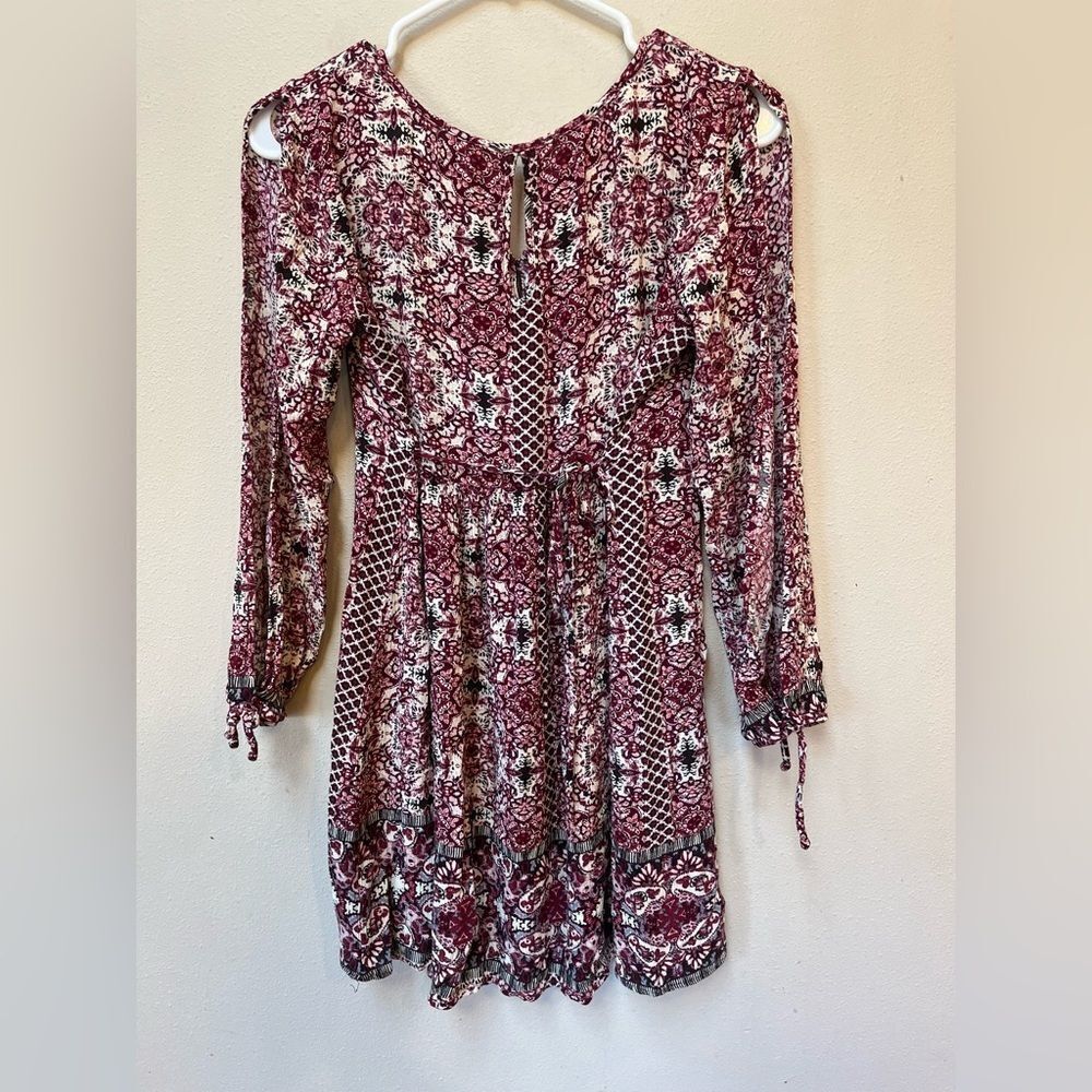 Boho Floral Mini Dress Burgundy Cottagecore Flowy Tie Back Medium - Picture 3 of 11